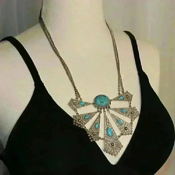 Faux Turquoise on Silver Tone Bib and Double Strand Chain Necklace - Picture 1 of 7